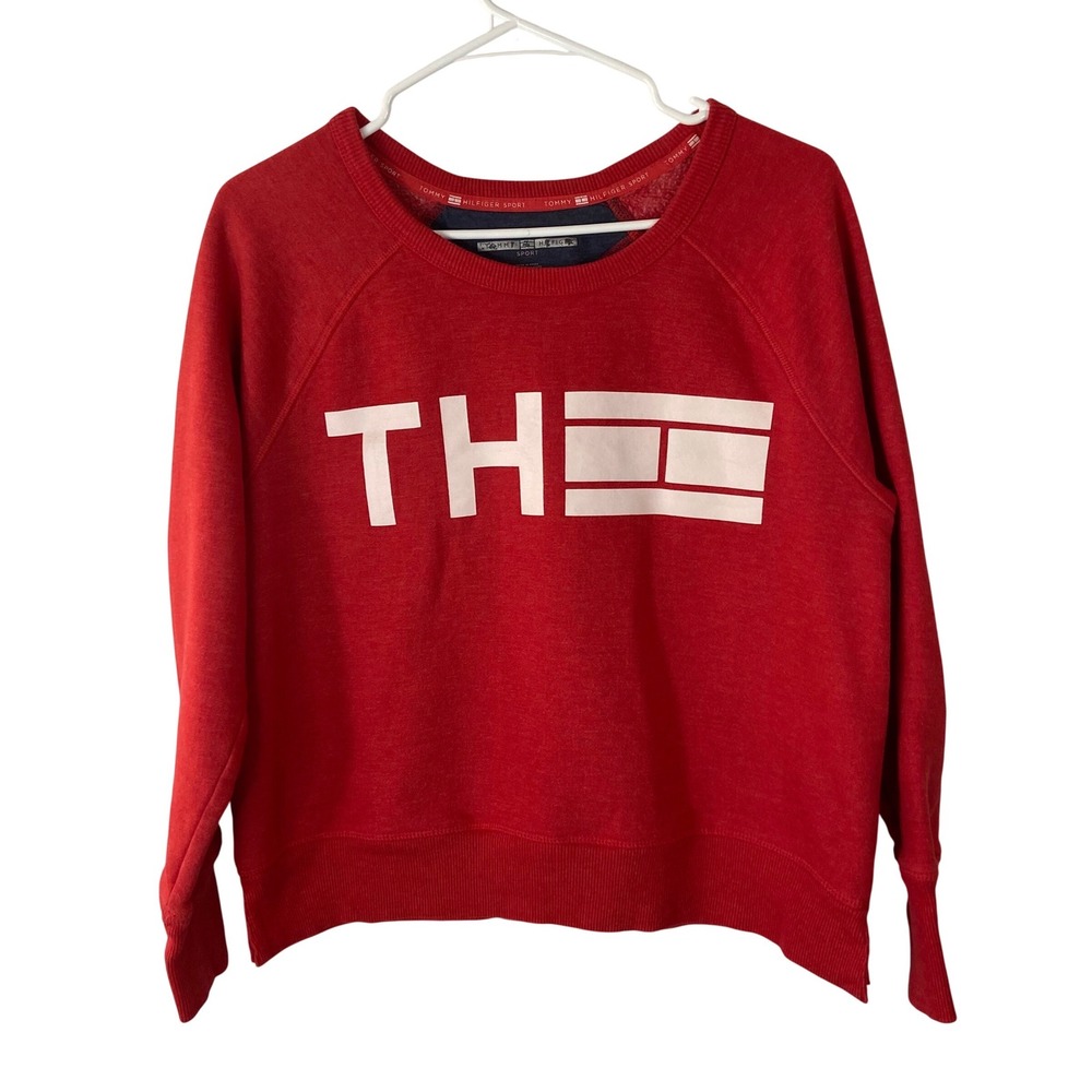 Tommy Hilfiger Sport Red Graphic Sweatshirt Raglan Thumbhole‎ Pullover L